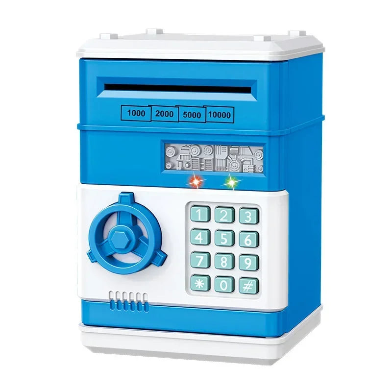 A blue and white interactive roll-up piggy bank with numbered slots and a circular button.