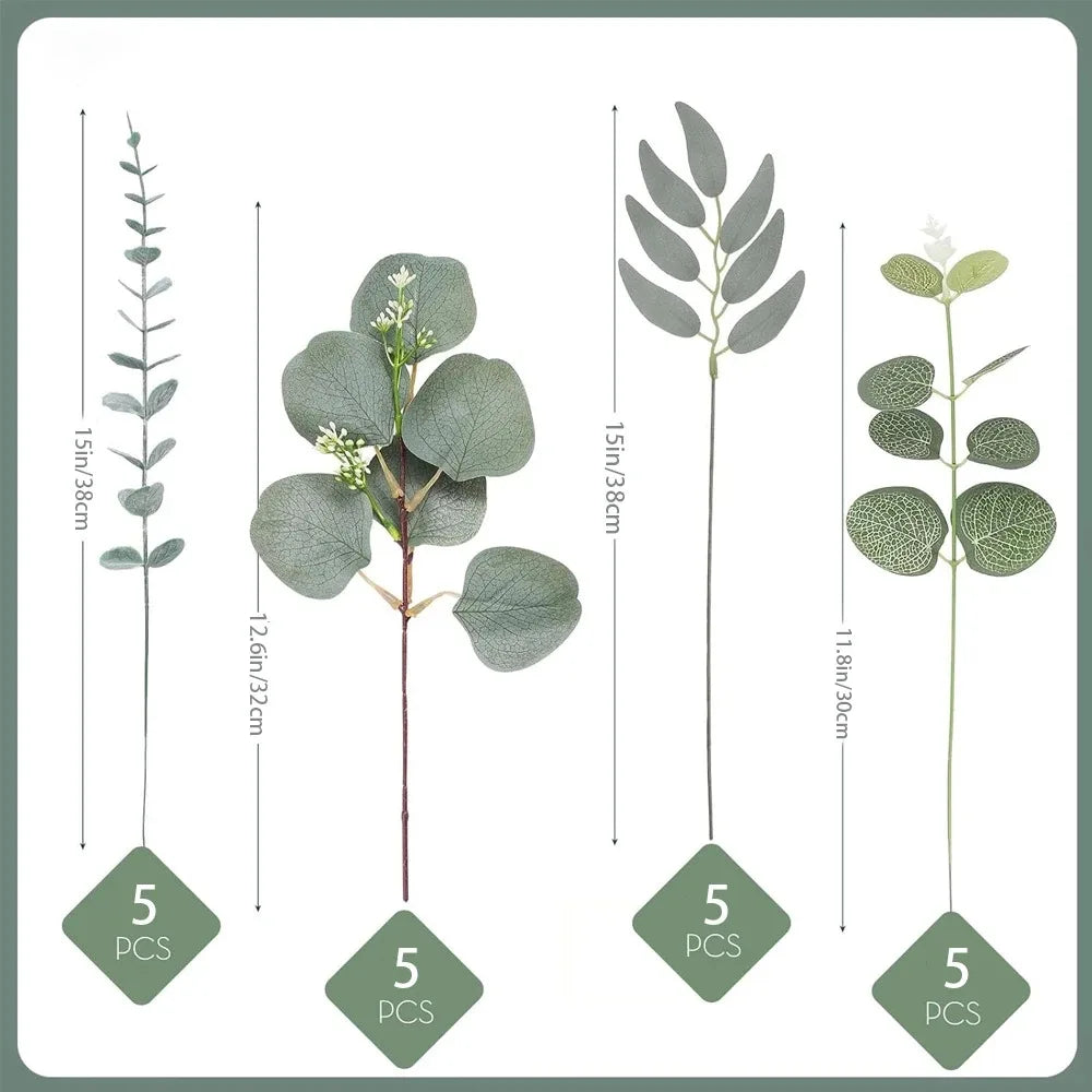 A set of five artificial eucalyptus leaf stems displayed vertically with measurements for home decor.