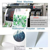 A print machine is shown printing colorful designs onto waterproof polyester canvas material.