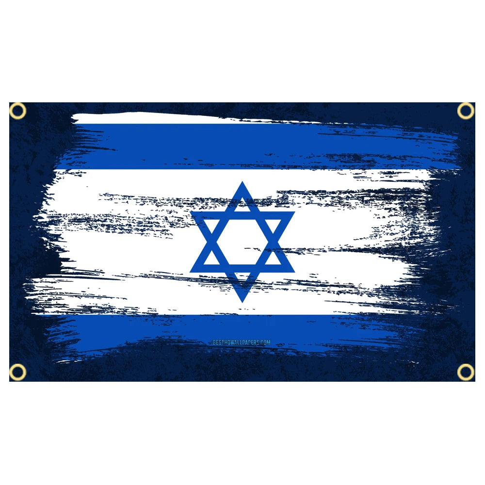 A banner displaying the flag of Israel with horizontal blue and white stripes and a blue Star of David.