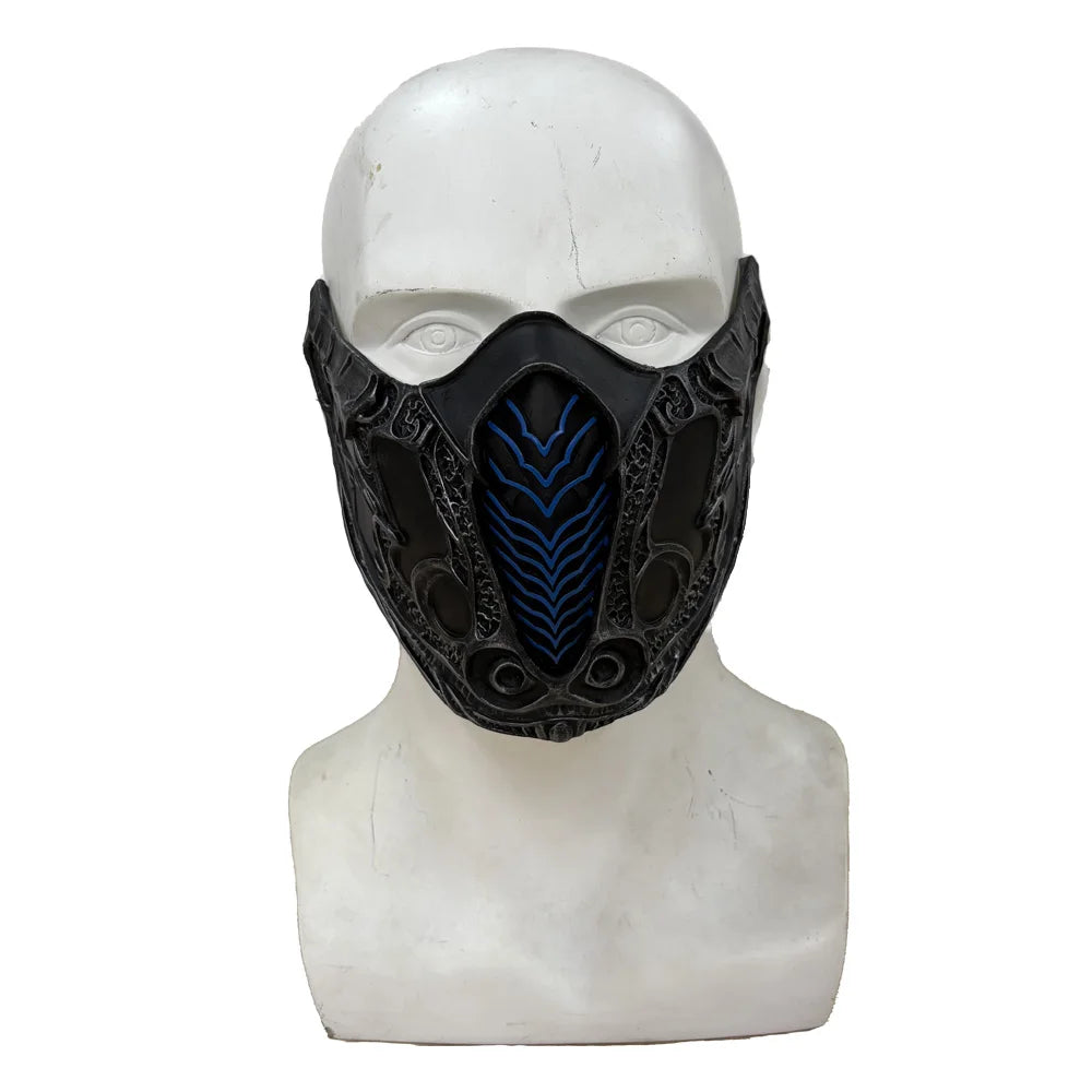 Black half-face mask for Mortal Kombat Sub-Zero and Scorpion cosplay featuring blue accents