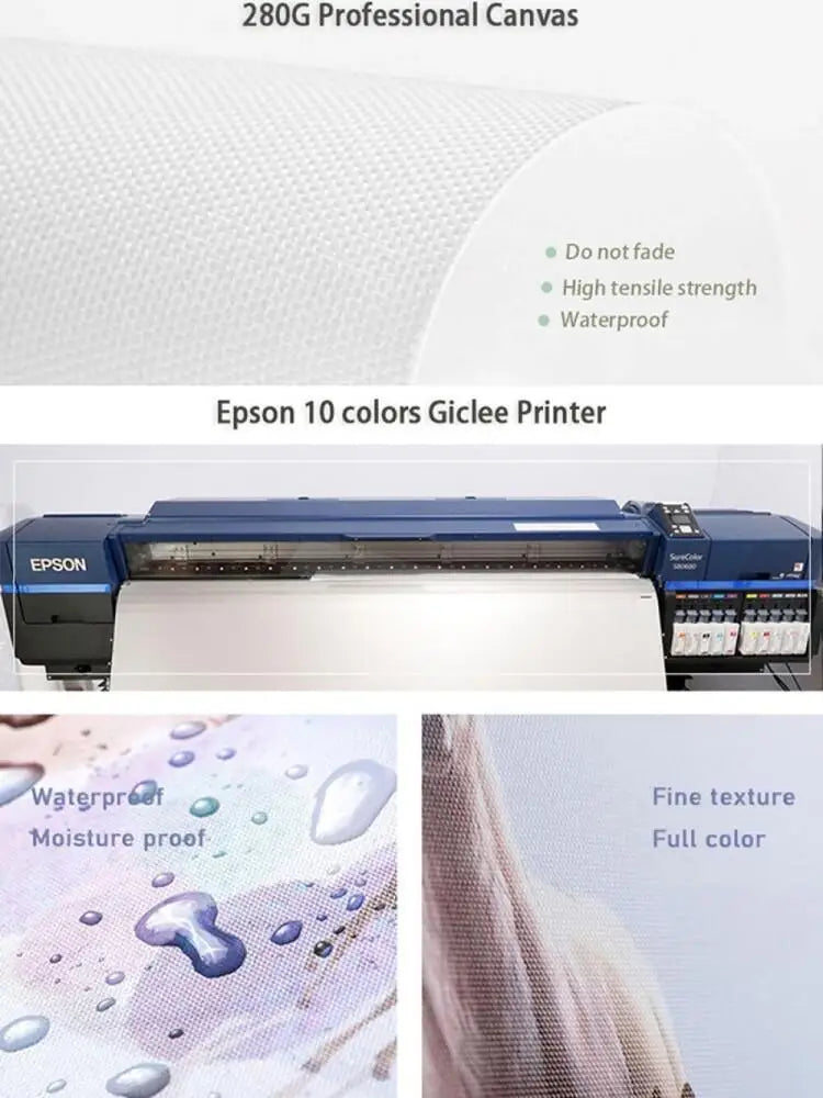 Close-up view of a white canvas print showing fine texture and full color, demonstrating waterproof and moisture proof proper