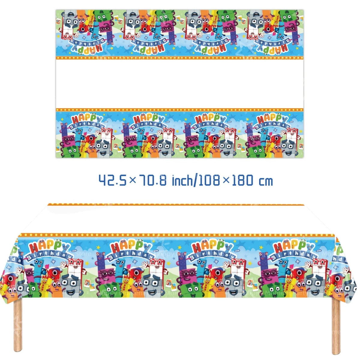 Colorful building block birthday party decoration set featuring happy characters and colorful borders