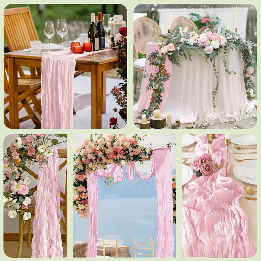 A collection of pink floral decor featuring a semi-sheer gauze table runner, pink draping, and rustic wedding elements.