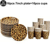 A set of 16 plates and 16 cups with a leopard print design for party decorations.