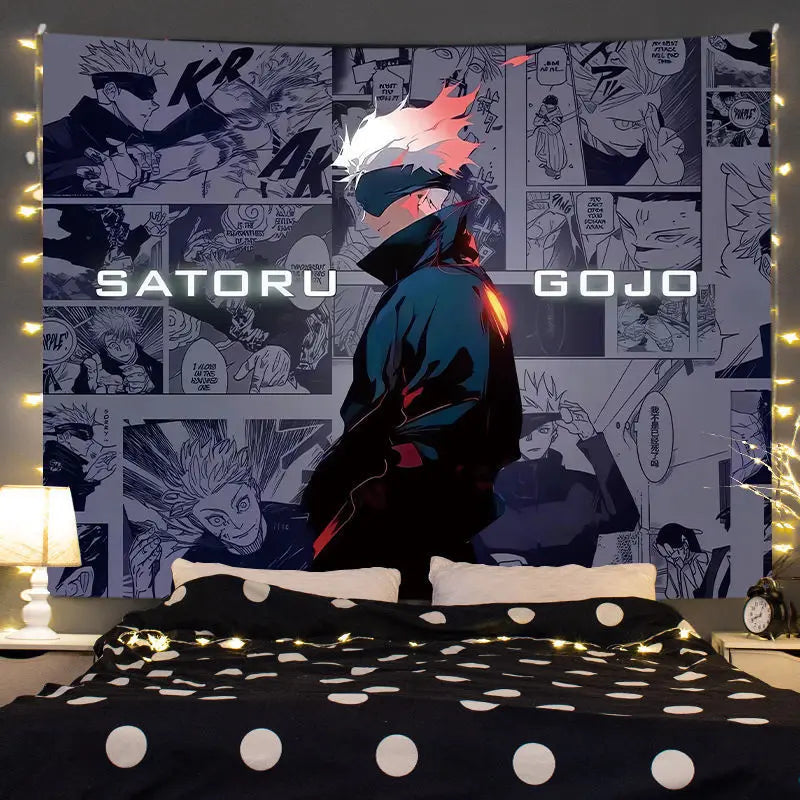 A tapestry wall hanging featuring Satoru Gojo from Jujutsu Kaisen anime, displayed above a bed.