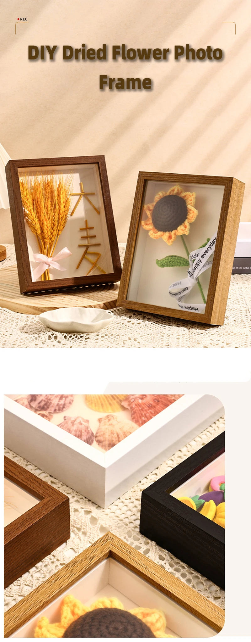 A wooden photo frame displaying dried flowers, including yellow and orange blooms, set against a light background.