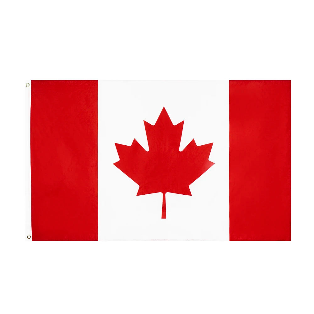 A vertical flag design featuring a red stripe on the left and a white field with a red maple leaf centered.