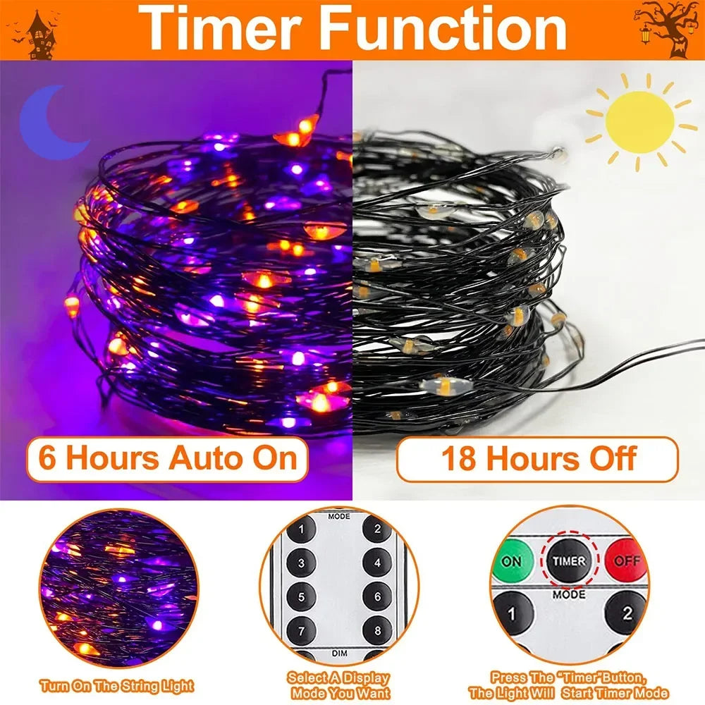 Purple and orange fairy string lights with a timer function shown next to a sun icon and a clock.