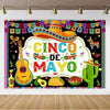 A vibrant Mexican carnival theme backdrop banner featuring a sombrero, guitar, and various colorful foods like tacos and avoc