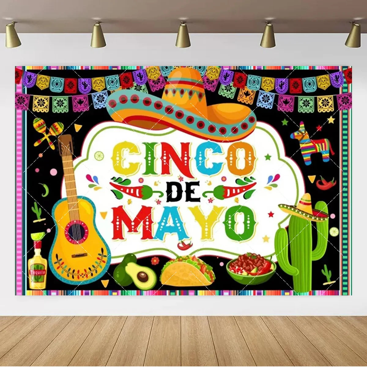 A vibrant Mexican carnival theme backdrop banner featuring a sombrero, guitar, and various colorful foods like tacos and avoc
