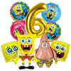 A set of nine foil balloons featuring characters from SpongeBob SquarePants including a large number six and various characte