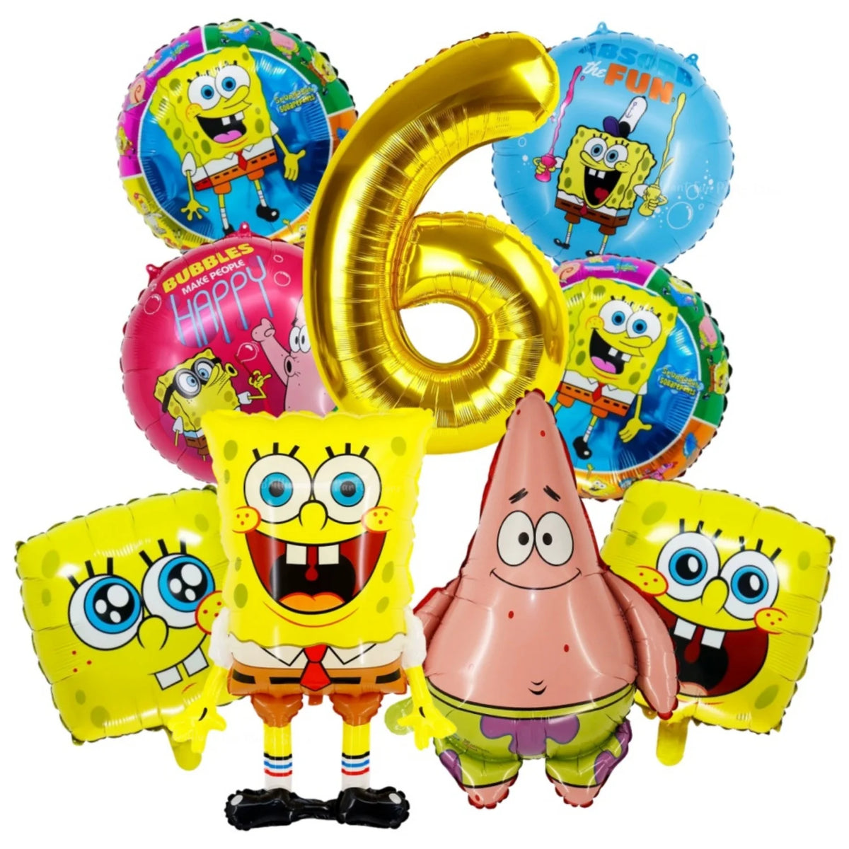 A set of nine foil balloons featuring characters from SpongeBob SquarePants including a large number six and various characte