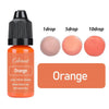 A bottle of orange liquid pigment with dropper tips showing 1, 5, and 10 drops.