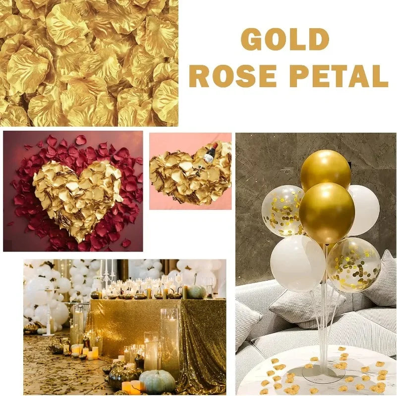 Gold rose petals and gold balloons arranged on a table with greenery.