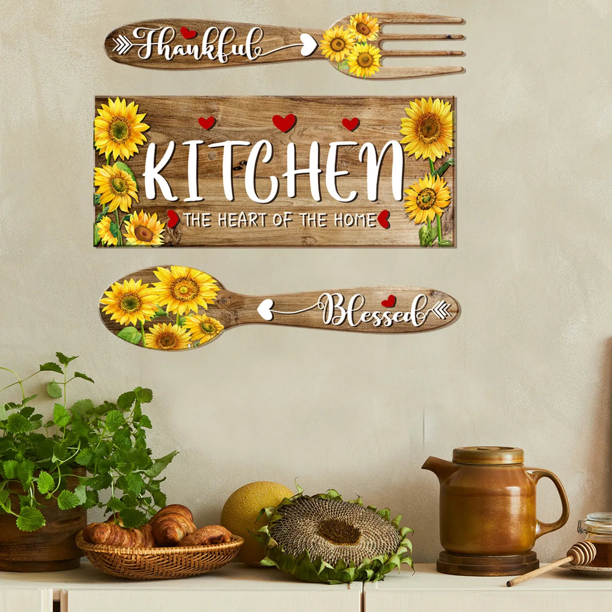 Wooden wall stickers featuring thankful and blessed text with yellow sunflowers on a light background
