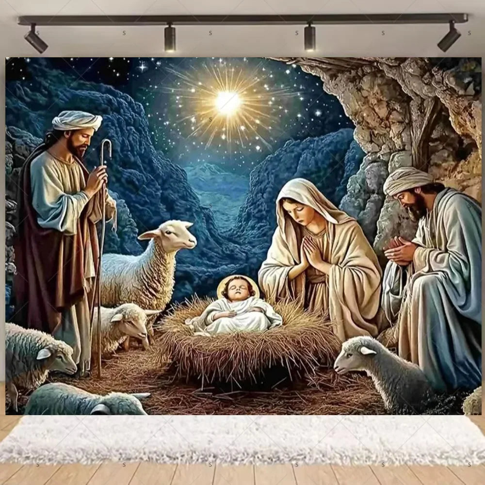 Starry Night Nativity Scene Backdrop for Christmas Celebrations
