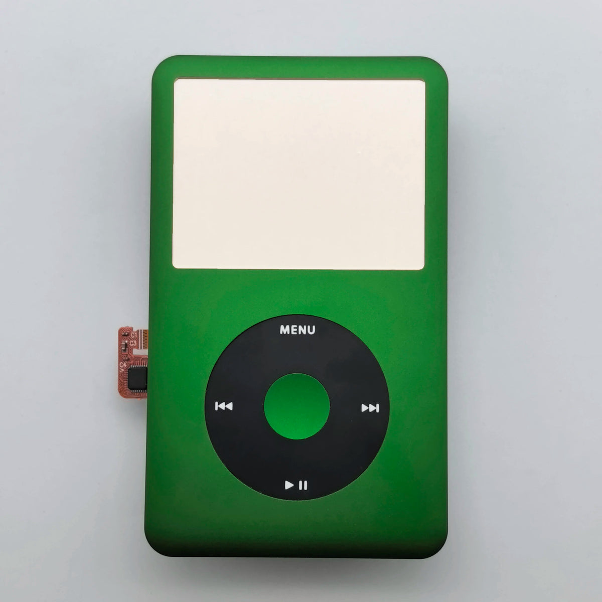 A green iPod Classic front faceplate with a black clickwheel and audio controls.