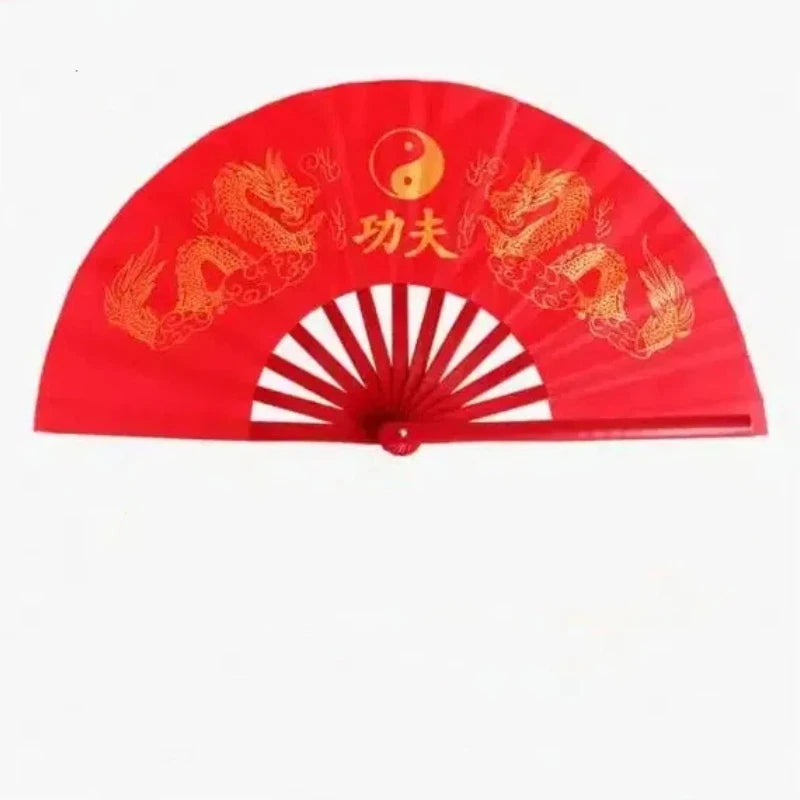 Red traditional bamboo folding fan featuring a gold dragon design and a yin-yang symbol.
