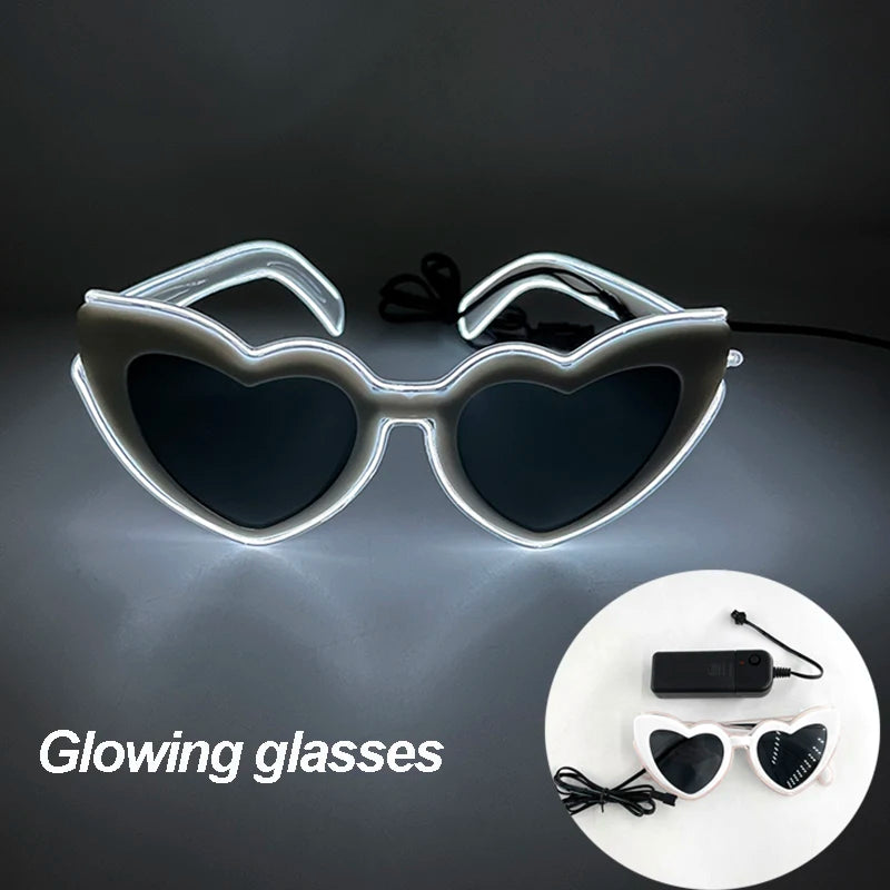 Pair of glowing heart-shaped sunglasses with LED lights