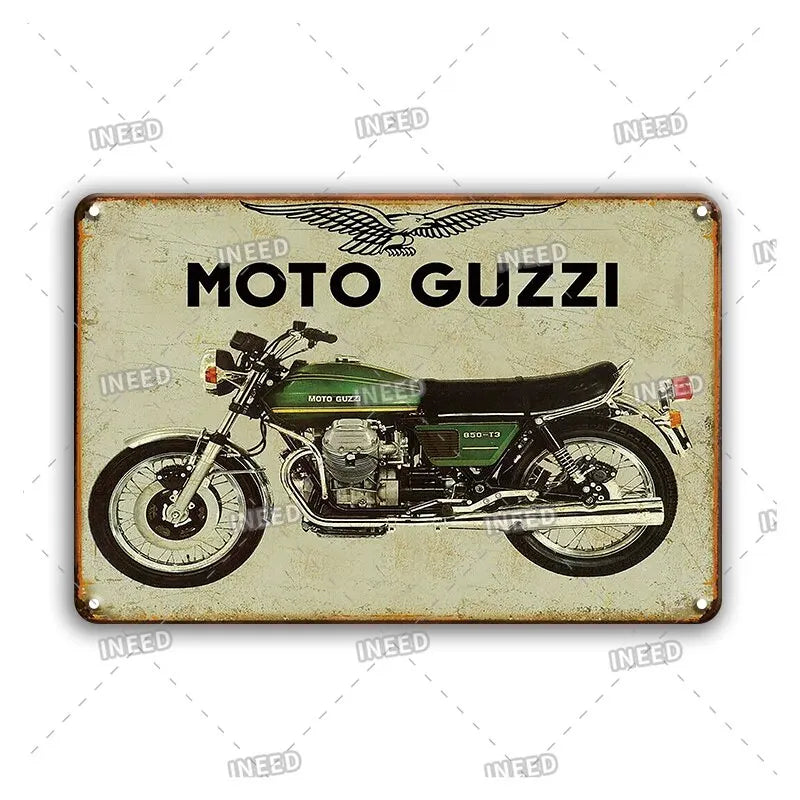 Vintage metal garage sign featuring a classic Moto Guzzi motorcycle silhouette and an eagle emblem.