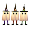 Three hanging ghost lights shaped like witches hats illuminate a white ghost figure.