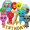 A set of colorful balloons featuring various cartoon characters and numbers for a birthday party theme