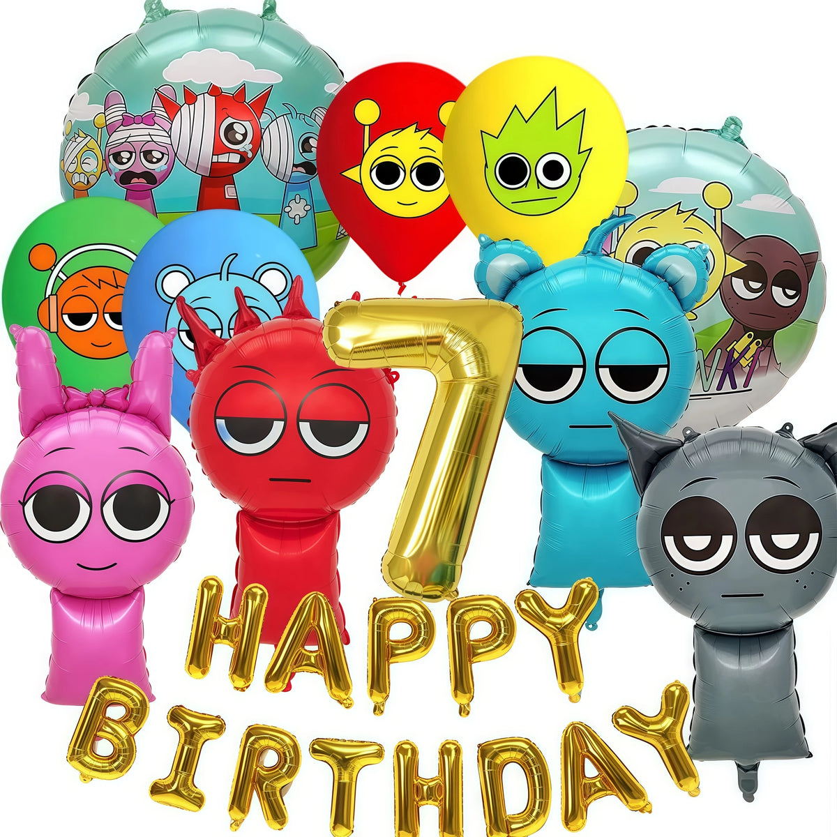 A set of colorful balloons featuring various cartoon characters and numbers for a birthday party theme