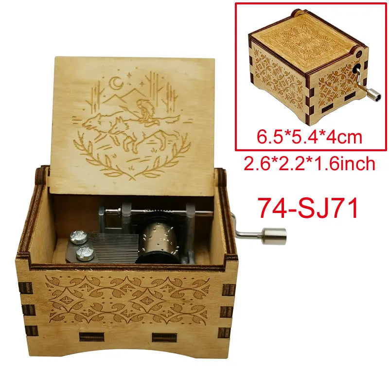 A wooden music box with a lid featuring an illustration of a character and nature, shown next to its disassembled components.
