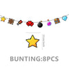 A string of pixel art items including a star, a wooden box, a pig, a red fruit, a black sphere, and blue gems.