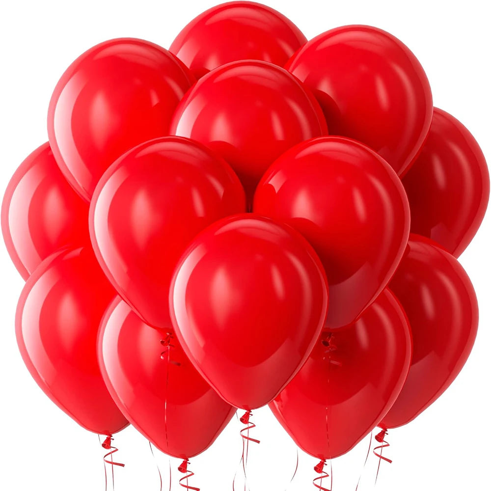 A cluster of bright red latex balloons tied together for a celebration