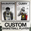 A framed canvas wall art featuring portraits of basketball legends Haliburton and Curry.