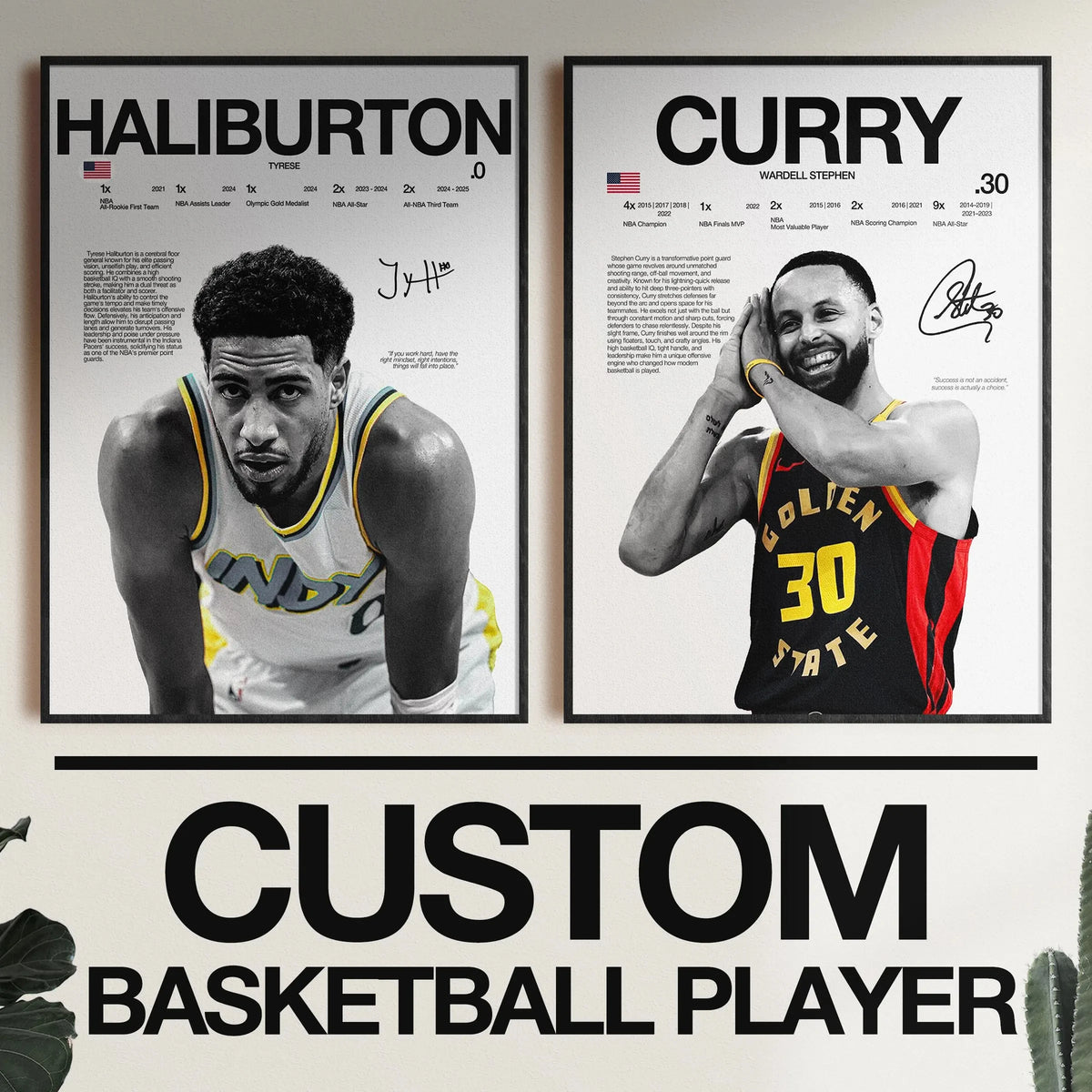 A framed canvas wall art featuring portraits of basketball legends Haliburton and Curry.