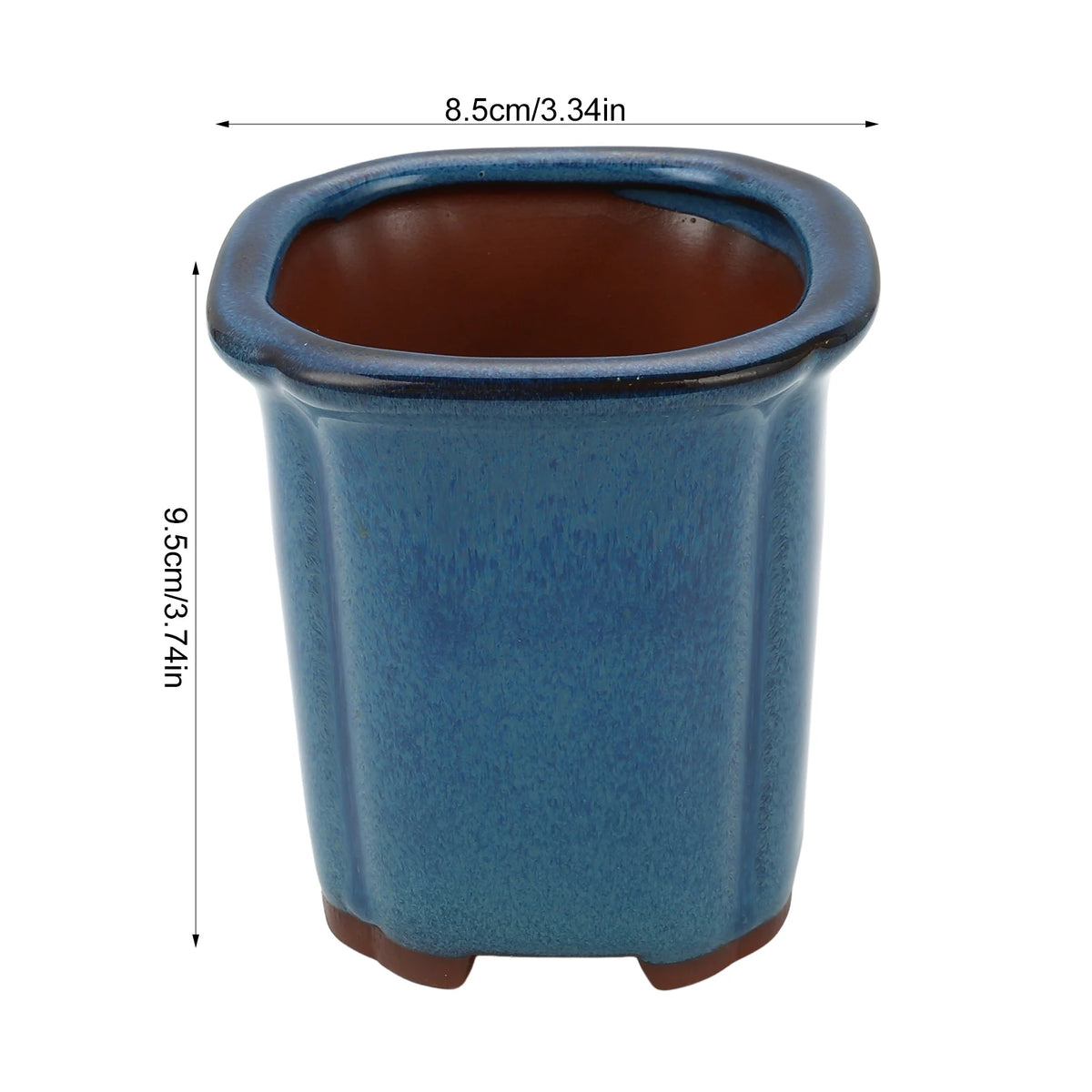 Maceta de suculenta esférica de cerámica azul vidriada con interior marrón, mide 9.5 cm de alto.