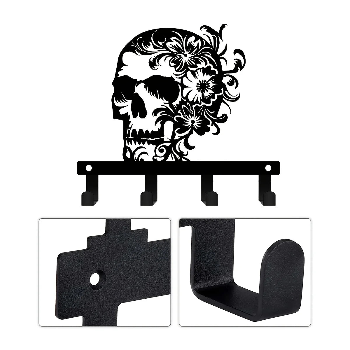 Black iron skull wall hook with floral accent and mounting brackets