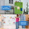 A green locker with accessories and a whiteboard showing educational materials and stickers.