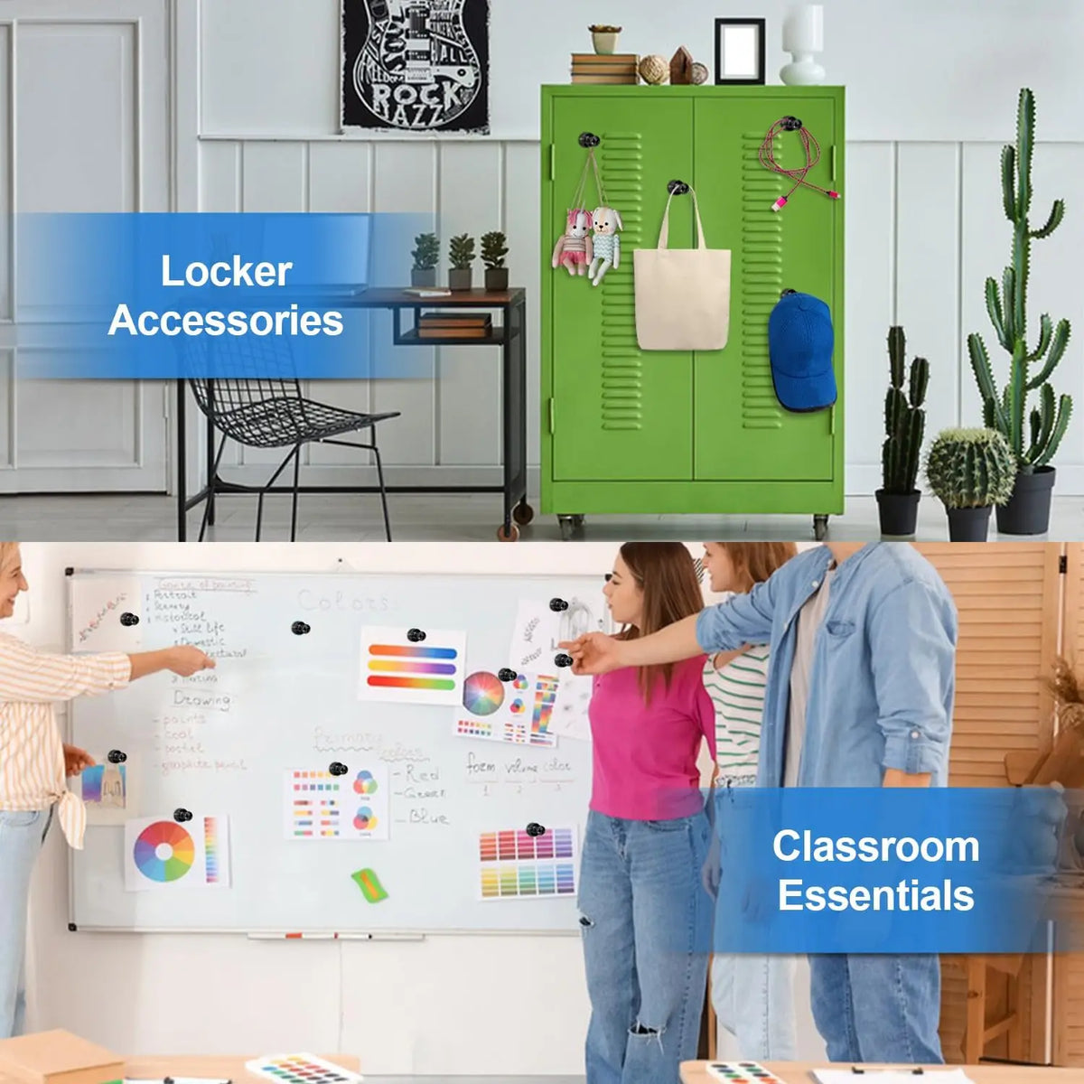 A green locker with accessories and a whiteboard showing educational materials and stickers.