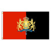 Haitian national flag divided horizontally into red and black fields with gold royal emblems.