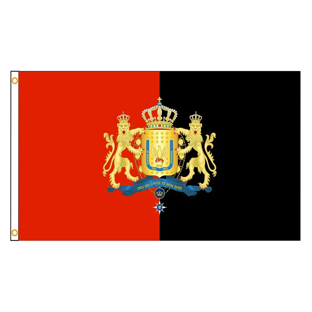 Haitian national flag divided horizontally into red and black fields with gold royal emblems.