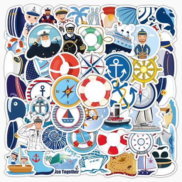 A collection of cartoon stickers featuring various sailing ships, nautical symbols, and sea life for decorating devices.
