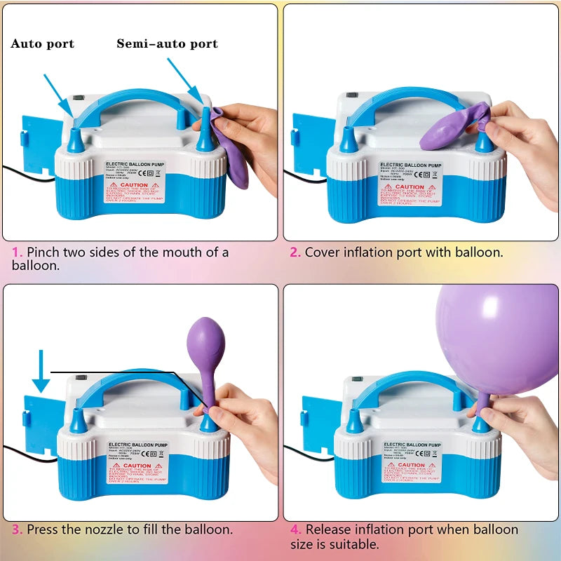 Instructions for using an electric balloon air pump inflator with two nozzles to inflate a balloon.