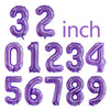A set of purple foil number balloons spelling out 32 inch.