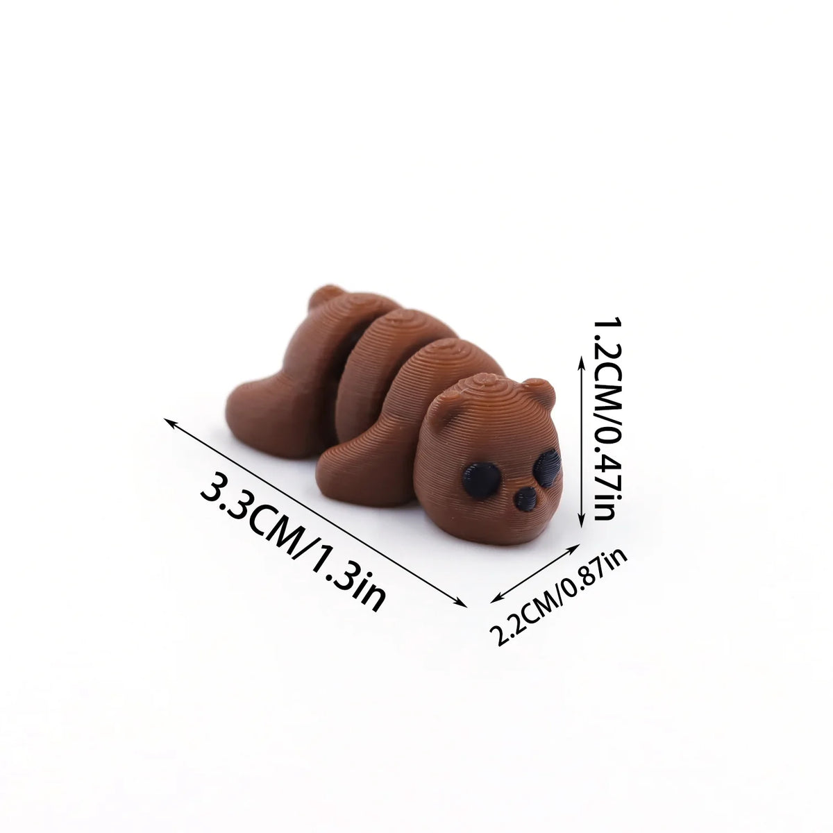 A set of three brown 3D printed cartoon animal figurines with measurements provided.