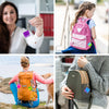 A woman holds a purple fidget keychain, a child wears a pink backpack, and a person holds a gray leather pouch.