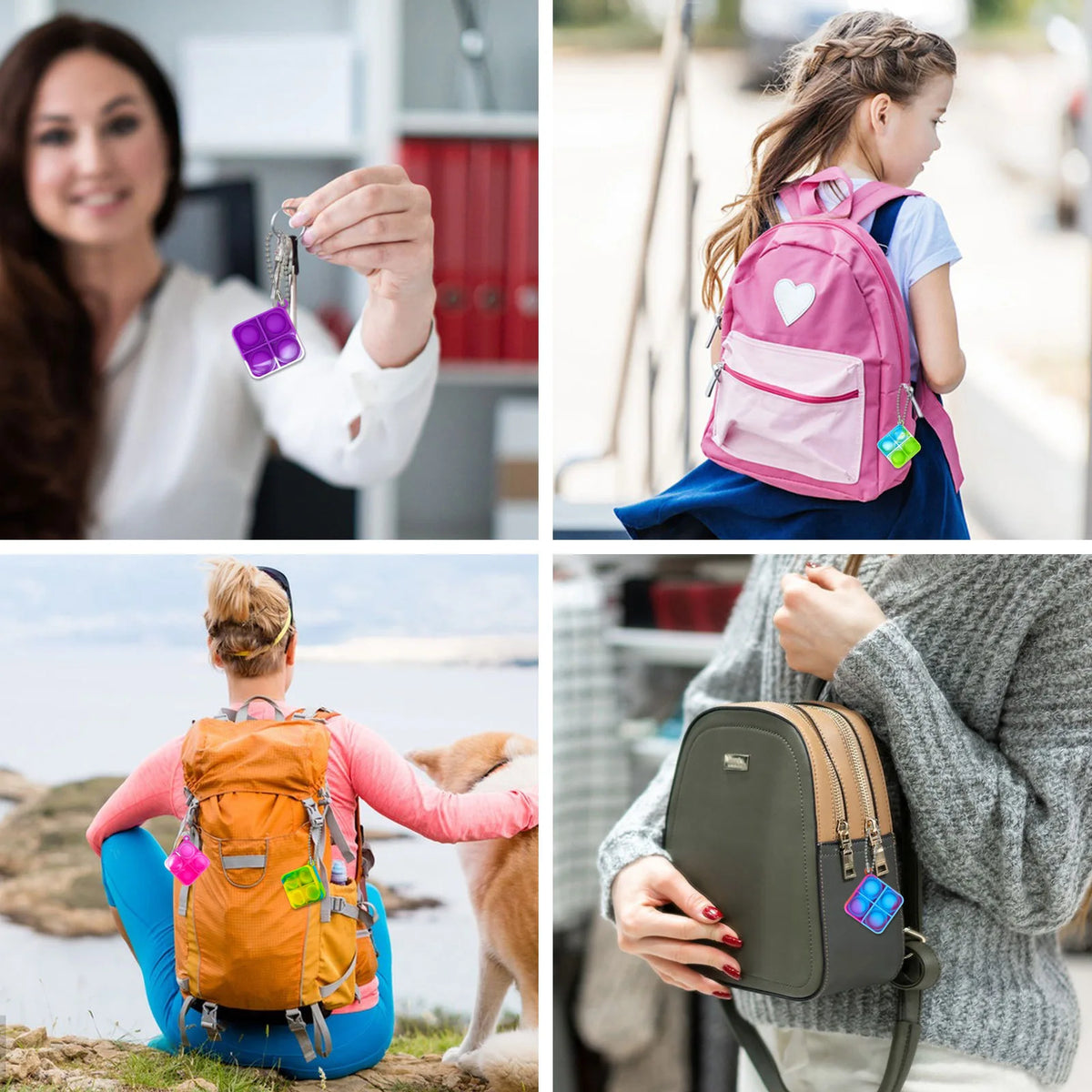 A woman holds a purple fidget keychain, a child wears a pink backpack, and a person holds a gray leather pouch.
