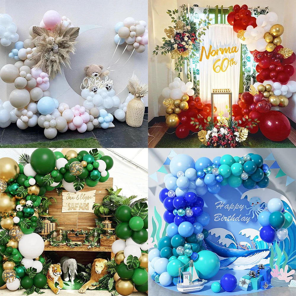 A vibrant arrangement of pastel blue latex balloons and greenery for a birthday celebration