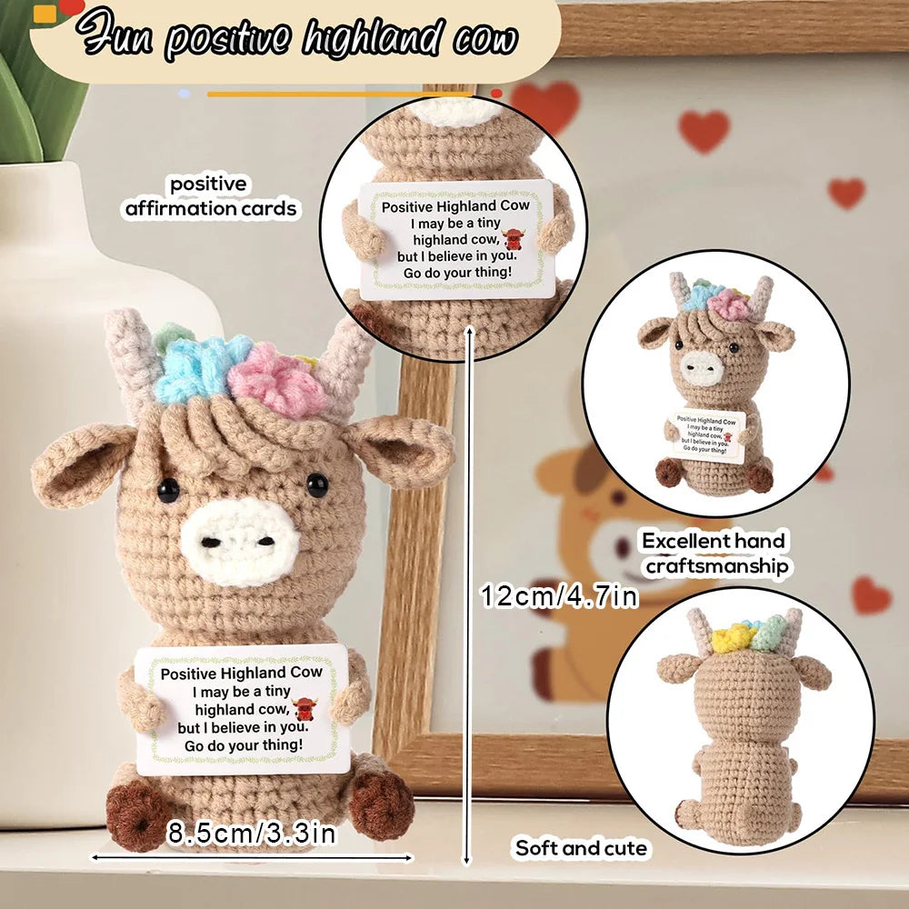 Handmade crochet Highland cow potato doll with a positive affirmation card
