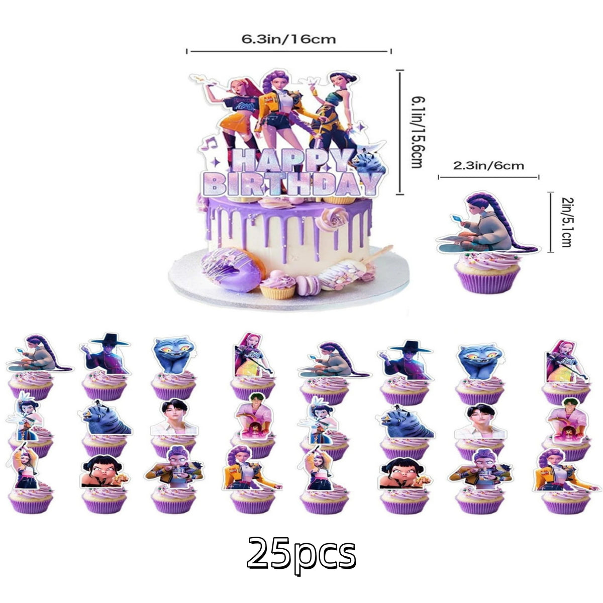 A set of 25 anime hunter girl birthday cake toppers featuring various characters and designs.