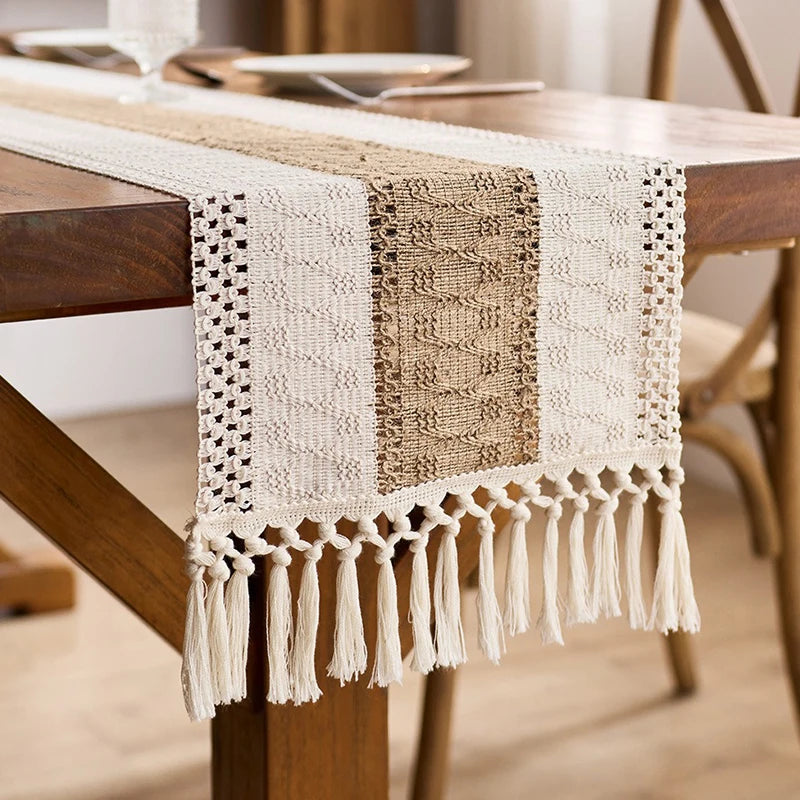 Linen Macrame Table Runner with Tassels