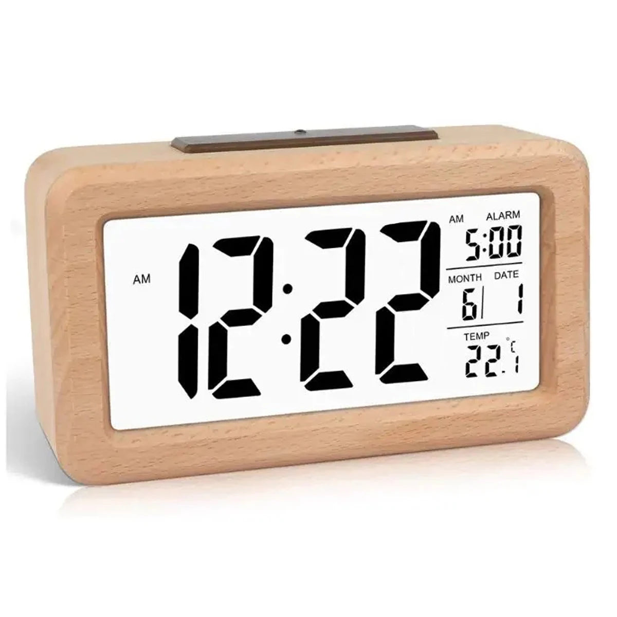 A light wood digital alarm clock displaying 12:22, with AM/PM, alarm settings, date, and temperature.